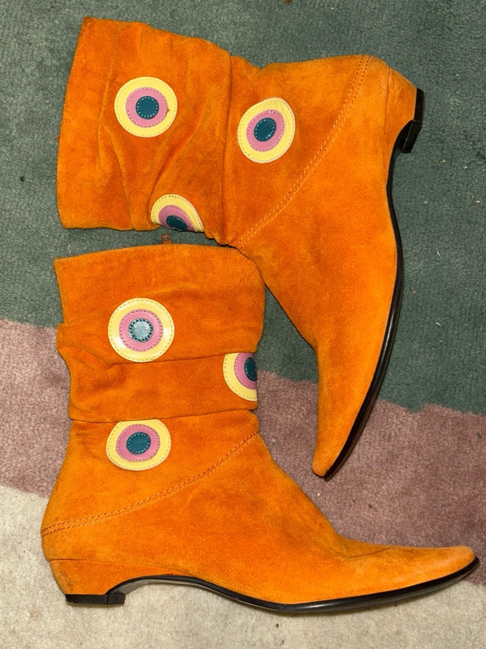 A2 By Aerosoles Orange Suede Ankle Boots with Colorful Circle Appliqués